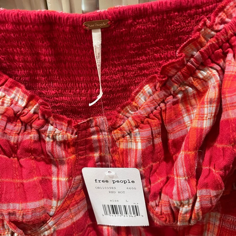 FREE PEOPLE Orange Plaid Top Womens Stretch  Large BOHO Western NEW - Picture 4 of 7